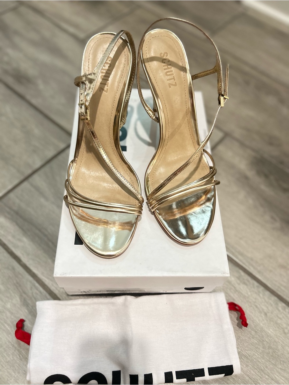 SCHUTZ Gold Strappy Stiletto Heels Size 10.5